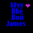 Blue pixelated text 'Myy Bbe Boii James' with pink heart and starburst animations on black background.