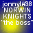 Blue background with yellow glow effect, white text reading "jonnyl #38 NORWIN KNIGHTS 'the boss'" in four identical arranged in a