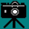 Pixelated camera on tripod with lens light transitioning from white to red across frames, displayed on teal background.