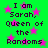 Green background with pink stars and repeated text 'I am Sarah, Queen of the Randoms' in black pixelated font.