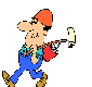 Animated cartoon character in blue overalls and orange cap holding paint bucket and brush, cycling through walking poses against gray background.