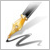 Pixelated pen with golden body and black tip, angled diagonally on white background leaving dark ink trail.