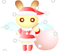 Pixelated cartoon character with bunny ears, angel wings, and Santa hat holding a pink sphere amid floating snowflakes.