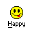 Nine yellow pixelated smiley faces arranged in a , each with 'Happy' text below, showing varied mouth expressions and eye states
