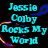 Neon-style electric guitar outline with blue neck and multicolored body, next to cyan text reading "Jessie Colby Rocks My World" on black background.