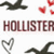 Animated sequence showing repeated patterns of dark birds, red hearts, and gray heart outlines above the text 'HOLLISTER' on a white background.