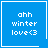 Blue square icon with white pixelated text 'ahh winter love<3' and a white border; one variant includes a white heart symbol in the bottom-right corner.