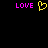 Pixelated text and heart symbol on black background, with pink 'LOVE' text on left and right and yellow heart in center.