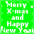 Green background with white pixelated text reading 'Merry X-mas and Happy New Year' in four quadrants, each containing a small star symbol.