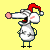 Pixelated character with red Santa hat, pink cheeks, and star-patterned body, standing against yellow background with arms outstretched.
