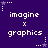 Purple background with white pixelated text 'imagine x graphics' repeated in a , surrounded by white and purple star-shaped animations with trailing dots
