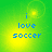 Green and yellow gradient background with blue pixelated text reading 'i love soccer' in four quadrants, each with a subtle circular light effect.