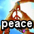 A pixelated image of two hands forming a peace sign against a blue sky background with the word "peace" overlaid in bold white text on black.