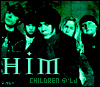 Group of people in dark clothing with green-tinted faces and background, text 'HIM' above 'CHILDREN 6'LJ', two of identical