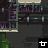 Pixel art scene of a dark, futuristic industrial structure with green and purple mechanical elements, circuitry, and a small white figure on the left.