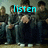 Group of people in dark clothing with blue text reading 'listen to the thunder' across four