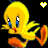 Four yellow cartoon birds with blue eyes and orange beaks in different poses, two with hearts above them, on black background.
