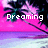 Pixelated beach scene with palm trees and pink sky, text changes from 'Dreaming' to 'Dreaming about' then 'Dreaming about summer...' across frames.