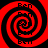 Four red and black spiral patterns arranged in a on a solid red background, each with distinct pixelated text fragments
