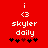 Red background with white text and symbols; two identical static frames showing 'i', '<3', 'skylar daily', and five asterisks below.