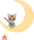 Pixel art animation of a cat-like character sitting on crescent moons with stars, showing three distinct frame states.