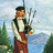 Pixelated image of a person in traditional Scottish attire holding bagpipes against a mountainous backdrop, with yellow text on blue background asking "Who is Nancy?" and "Nancy is a SUPER Sleuth!"
