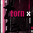 Pixelated static image with dark background, pink vertical stripe on left, and magenta text 'torn' centered over abstract shapes.