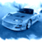 Pixelated blue vehicle with dark windshield and headlights, floating on water against light blue background.