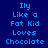 Pixelated text reads "Ily Like a Fat Kid Loves Chocolate" on blue backgrounds with varying shades.