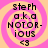 Pixelated text reads "Steph a.k.a NOTOR-ious <3" over a pink and yellow spiral background with visible animation changes between frames.