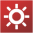 Red square background with white sun icon featuring circular center and eight radiating rays, pixelated rendering style.