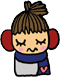 A cartoon girl with brown hair in a topknot, red ear muffs, blue scarf, and pink heart on her chest appears in two states: eyes closed then open.