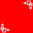 Red background with white pixelated shapes forming a repeating pattern of four distinct orientations.