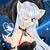 Anime-style character with silver hair and cat ears in a black and red outfit against a blue background