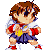 Pixel art character with brown hair and white wings in fighting stance, wearing red-and-white shirt, blue shorts, yellow belt, red shoes; show sequential animation of arm movement
