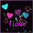 Pixelated icon with dark background, floating hearts in cyan, pink, purple, and light blue; text changes from "I love" to "Kyle" to "10/19/07" across frames.