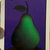 A static pixelated image of a green pear with a brown stem and single leaf against a dark purple background.
