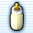 Pixelated baby bottle icon with light blue striped background, featuring a white body filled with yellow liquid and brown nipple.