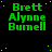 Green text reading 'Brett Alyne Burnell' on black background with scattered green dots, one showing gray replacement