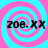 Four identical display a pink and cyan spiral background with black text 'zoe. xx' in each