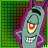 Animated character with teal body, red eyes, and yellow mouth grins against green gradient background; text changes across frames.