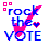 Pixelated static icon featuring blue text "rock the vote" with a pink guitar and heart symbol, accompanied by three pink squares in the top-left corner on a white background.