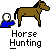 Pixelated icon shows a blue-shirted figure holding a white ball next to a brown horse with black mane and legs on gray background, with 'Horse Hunting' text below.