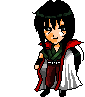 Pixel art character with black hair and green headband, wearing red-accented dark green top and white cape over brown pants, standing against gray background.
