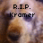 Pixelated image with black text reading 'R.I.P. Kramer' over a blurred background of brown, beige, and purple tones.