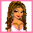 Pixelated female character with long brown hair, red lips, and pink clothing in a showing different poses and text elements