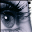 A close-up of a stylized eye with dark eyelashes, a white highlight in the pupil, and pixelated shading on light gray skin.