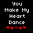 Pixelated text "You Make My Heart Dance" in white on black background with red heart symbols below, two identical frames showing animation change.