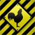 Yellow diamond-shaped signs with black rooster silhouettes on a black and yellow striped background.