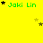 Yellow background with green text 'Jaki Lin' and scattered black and yellow stars in a pattern